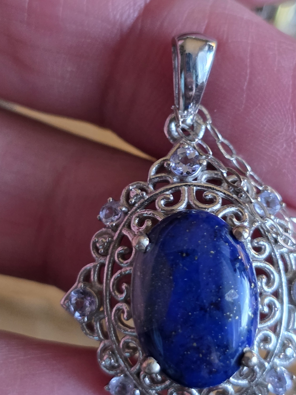 Silver Lapis Lazuli Filigree Pendant Necklace - Blue